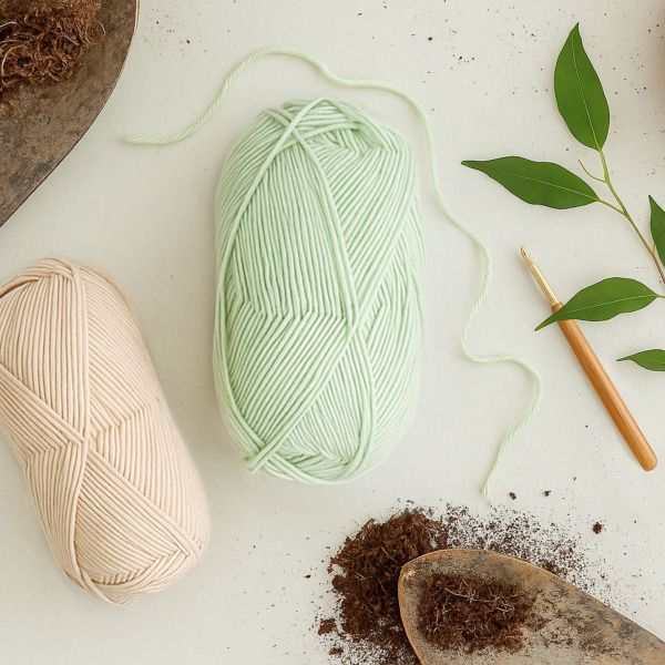 composteerbaar garen in zachte pasteltinten op een lichte ondergrond, omringd door tuingereedschap, aarde en groene bladeren - flatlay met natuurlijk en duurzaam handwerkgevoel
