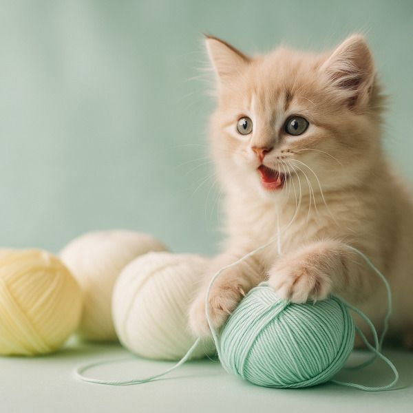 dk garens sfeerbeeld - kitten speelt speels op mintgroene achtergrond met bollen wol