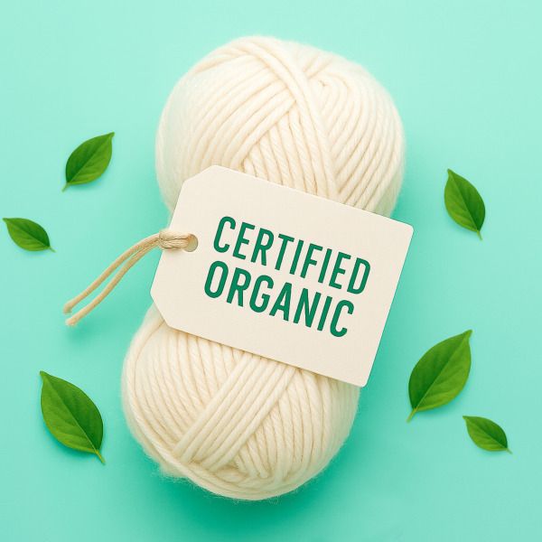 biologisch garen met ‘Certified Organic’-label centraal geplaatst, omringd door groene blaadjes op een mintgroene achtergrond
