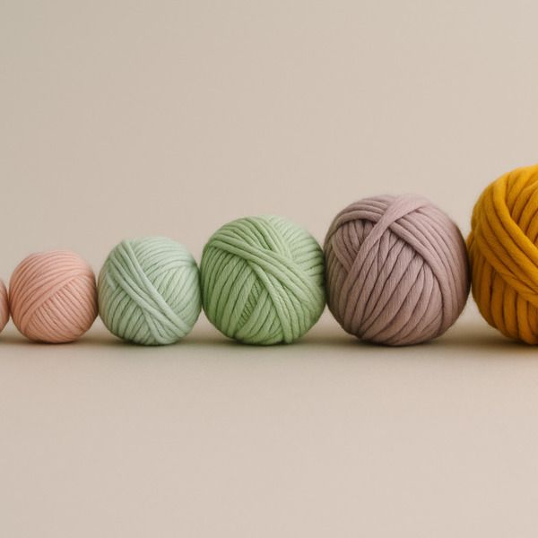 alle garendiktes als bolletjes naast elkaar van dun naar dikker tot super bulky