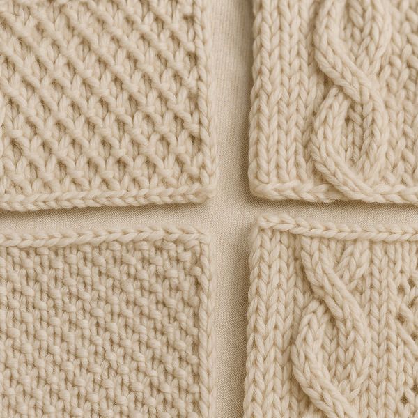 4 gebreide proeflapjes met structuren in neutrale basiskleur wol
