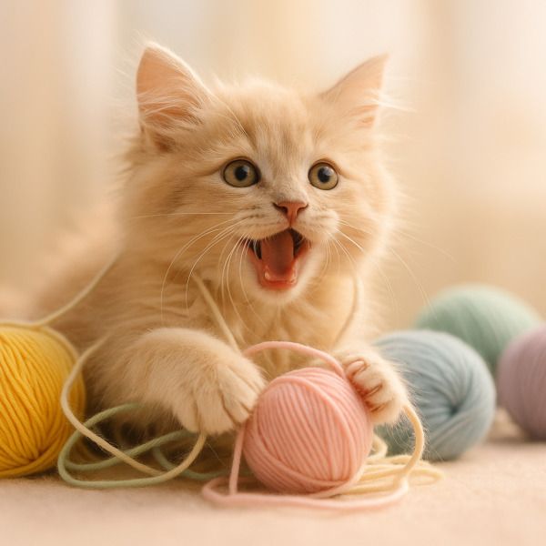 langharige crèmekleurige kitten spelend met gekleurde bollen garen