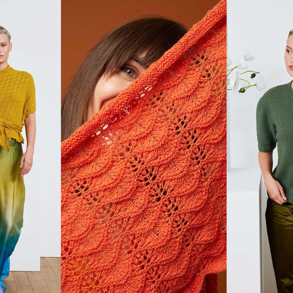 3 modellen met zelf gebreide patronen van lang yarns noëlle garens in een drieluik