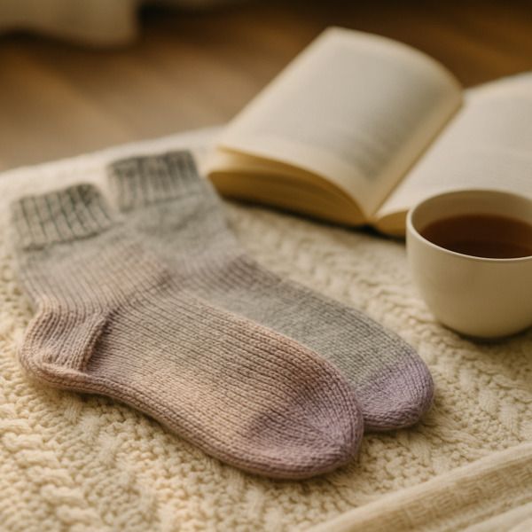 zelf gebreide sokken van fingering garens op crèmekleurige sprei - sfeerbeeld met boek en kop thee